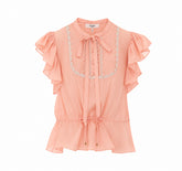 SHORT-SLEEVE RUFFLE TOP IN WASHED SILK HABOTAI & LACE