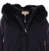 FAUX FUR TRIMMED SATIN CIRE' HOODED BOMBER JACKET