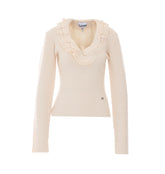 RIBBED MERINO TOP WITH LOGO AND RUCHES