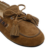 SUEDE DECK LOAFERS WITH TASSELS AND MIU MIU LOGO