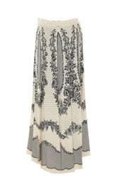 SATIN JACQUARD LONG SKIRT WITH FLOWERS AND POLKA DOTS PRINT