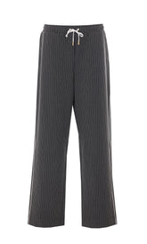 PINSTRIPED PANTS WITH LACE INSERT