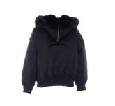 FAUX FUR TRIMMED SATIN CIRE' HOODED BOMBER JACKET
