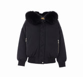 FAUX FUR TRIMMED SATIN CIRE' HOODED BOMBER JACKET