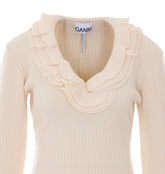 RIBBED MERINO TOP WITH LOGO AND RUCHES