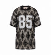 T-SHIRT OVERSZIE LILA IN PIZZO CON STAMPA COLLEGE